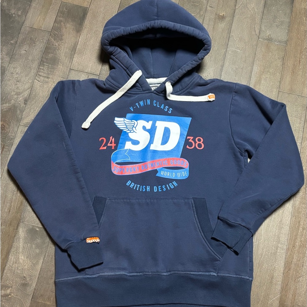 Superdry Tokyo Sweatshirt Men Small Blue Logo Spellout Pullover Hoodie Heavy
